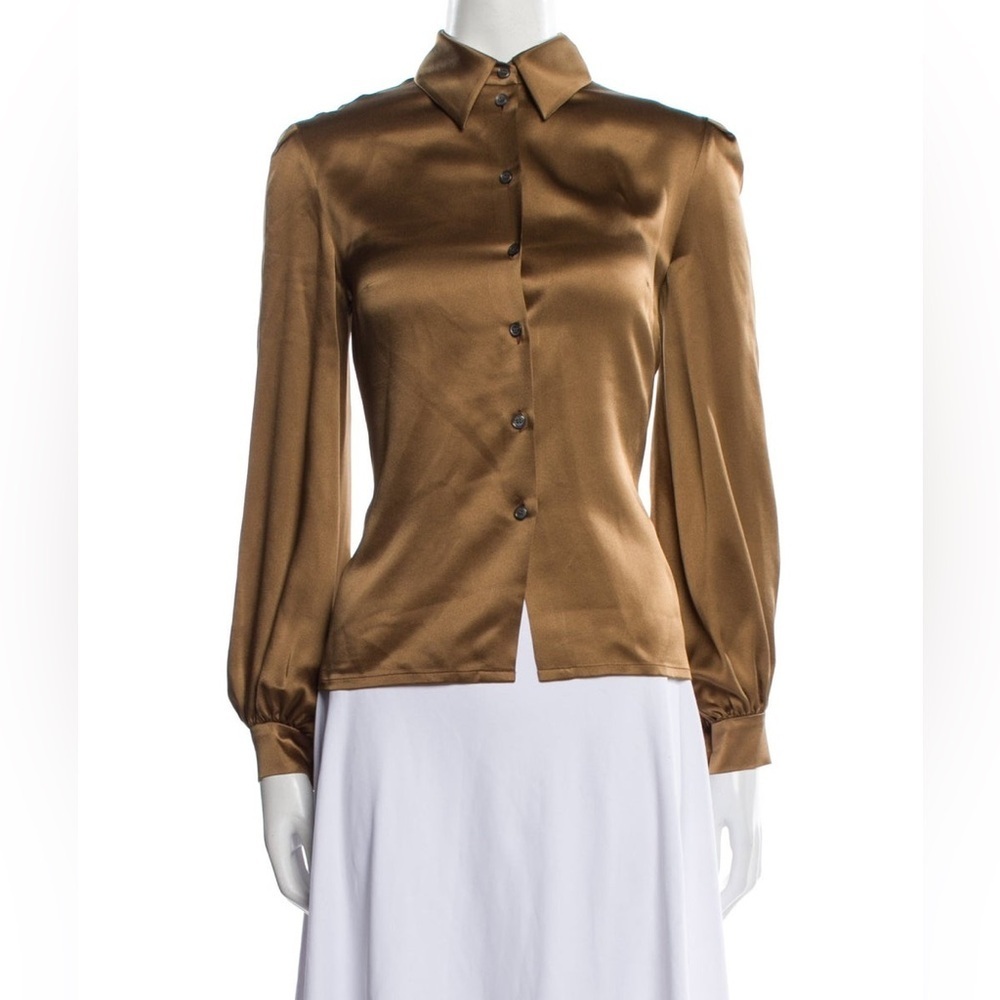Vintage Celine Silk Tan Brown Patterned Button Down Shirt, Size 42 , US 10 - Picture 15 of 16